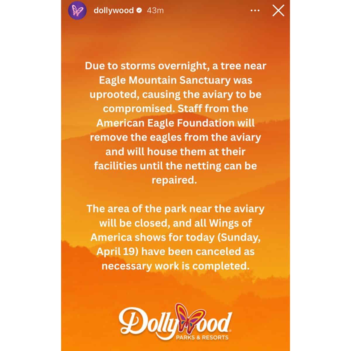 A statement from Dollywood announcing the closure of the areas near the Eagle Mountain Sanctuary