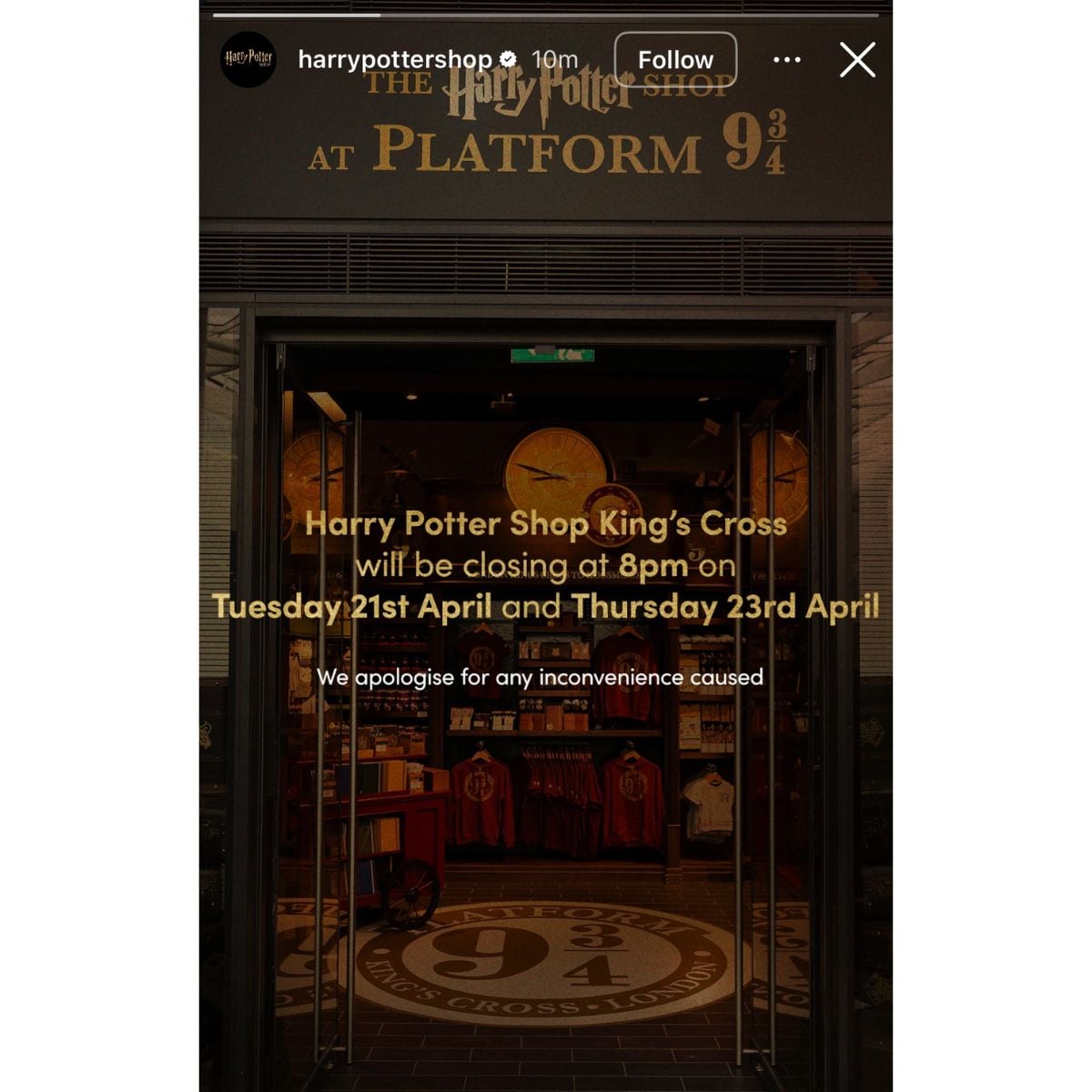 Harry Potter Shop King's Cross announces early closure on April 21 and 23