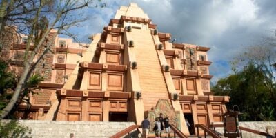 Storm clouds loom above the Mexico World Showcase Pavilion pyramid at EPCOT