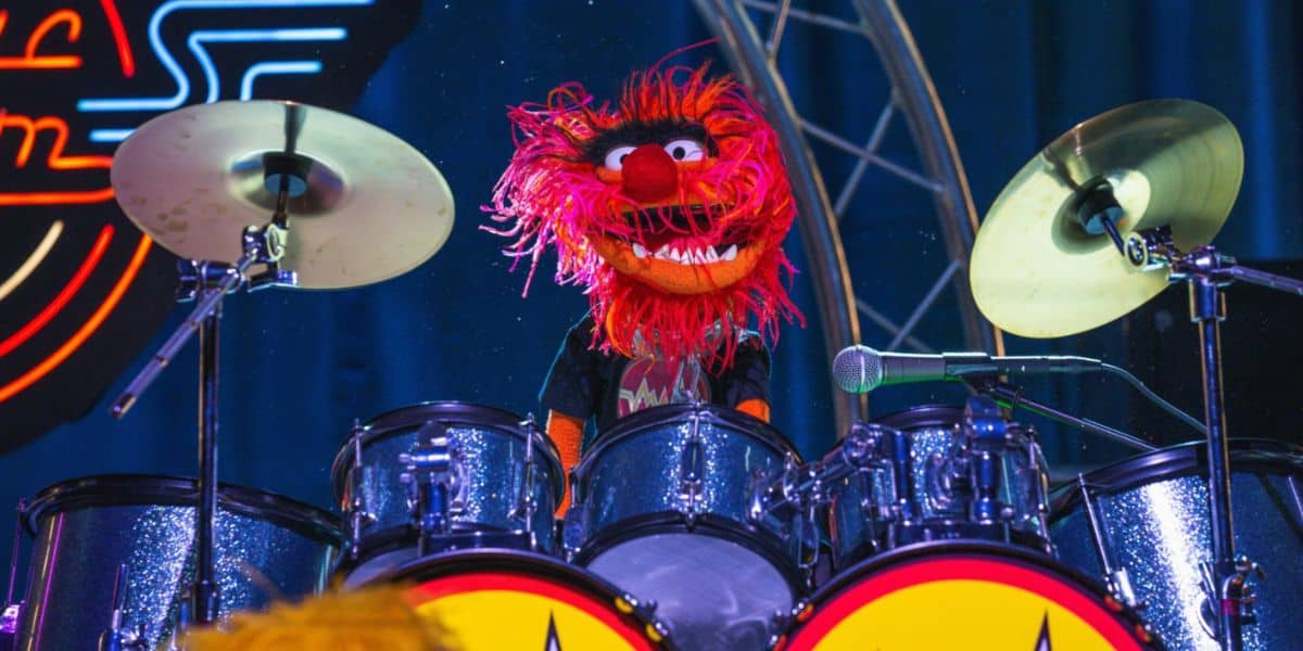 Animal playing the drums in Electric Mayhem band for Muppet Coaster
