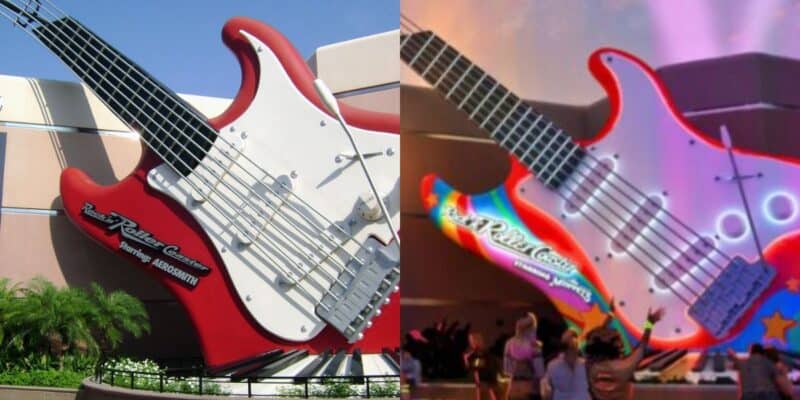 split image; on the left, the original Rock N Roller Coaster Starring Aerosmith. on the right, the muppet coaster concept art