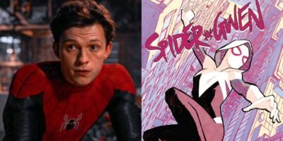 split image: on the left, tom holland as spider-man. on the right, the cover of a spider-gwen comic
