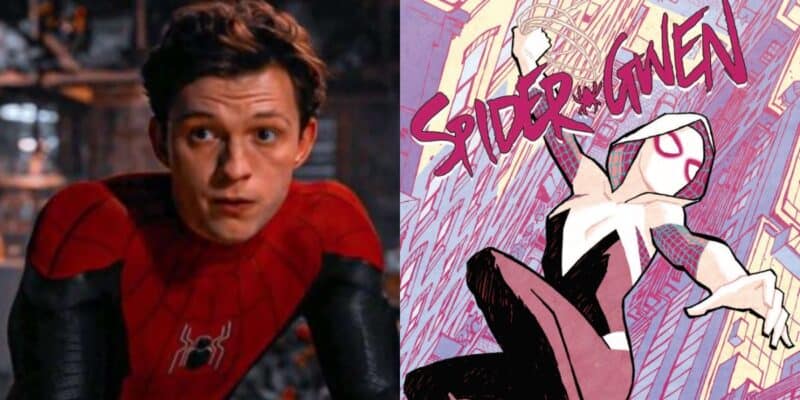 split image: on the left, tom holland as spider-man. on the right, the cover of a spider-gwen comic