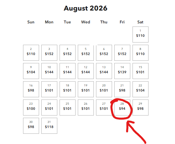 August 2026 ticket calendar for Universal Studios; August 28th highlighted in red shows a special park offer at $94.