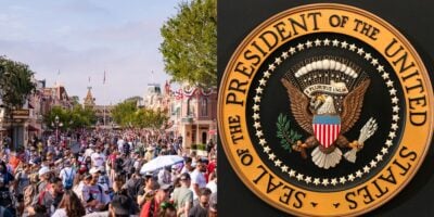 Disneyland visitors fill Main Street, U.S.A., alongside a detailed image of the iconic Presidential Seal. Disneyland Garden Grove chemical incident