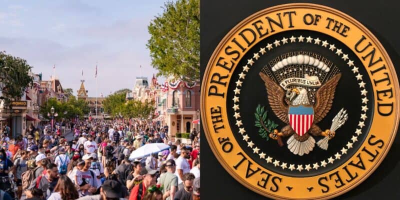 Disneyland visitors fill Main Street, U.S.A., alongside a detailed image of the iconic Presidential Seal. Disneyland Garden Grove chemical incident