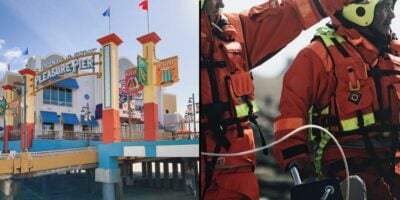 Split image: Pleasure Pier’s thrilling roller coaster on the left; right, heroic rescue team in bright gear post-adventure. Texas roller coaster rescue