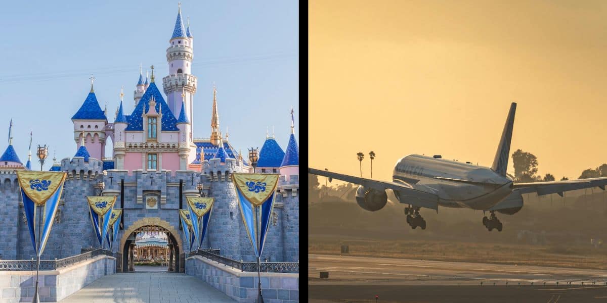 Left: Iconic Disneyland castle entrance. Right: Jet soaring into a sunset sky, framed by palm trees—vacation magic awaits!.