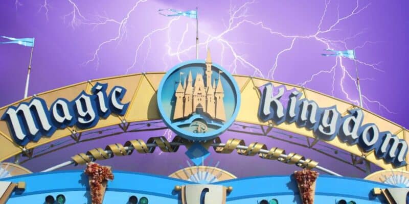 Magic Kingdom entrance sign featuring the iconic castle logo, with dramatic lightning and purple clouds setting a magical scene. Disney World weekend weather