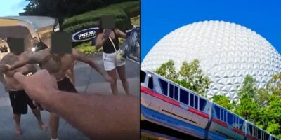 Split image: security staff detaining guests on one side; Epcot's iconic Spaceship Earth and Disney monorail on the other. Disney World guest behavior
