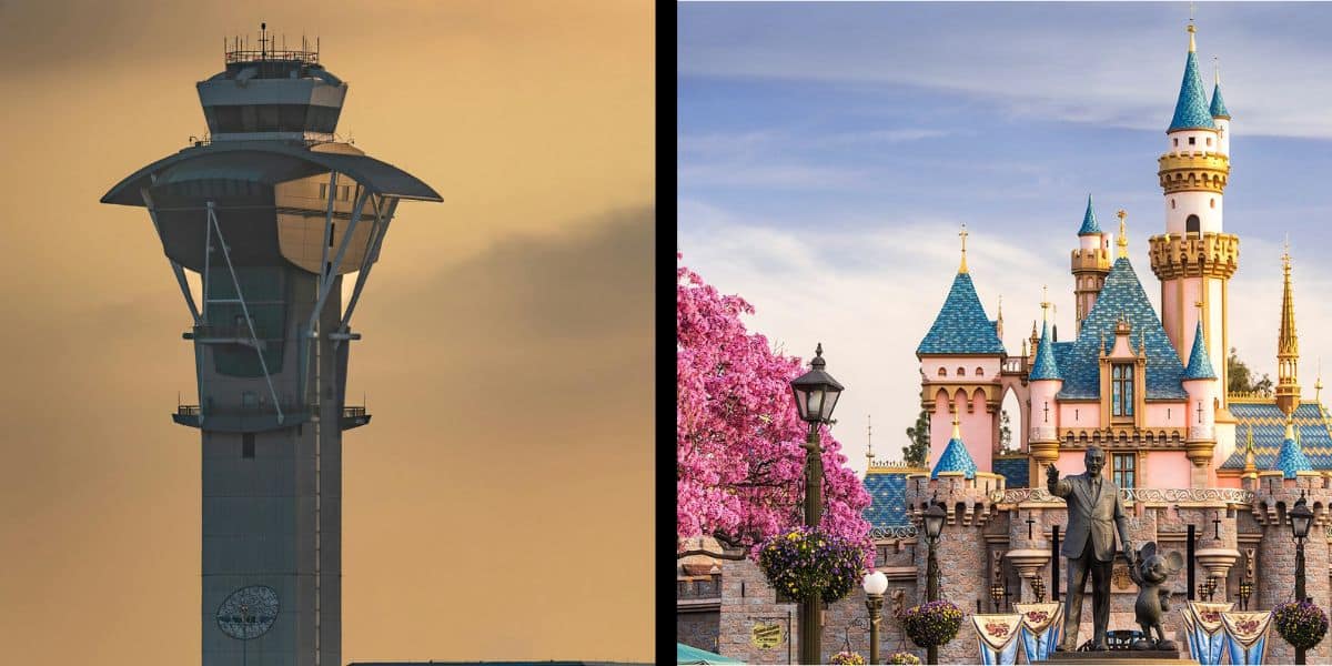 Left: Towering airport control center aglow at sunset. Right: Enchanting Disneyland castle with vibrant blue spires and pink blossoms.