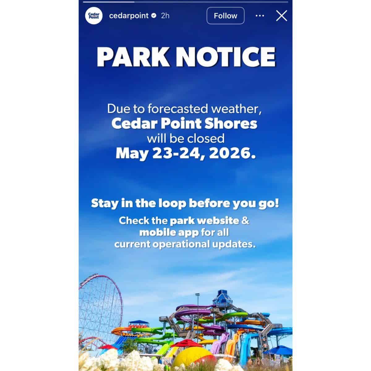 Closure notice for Cedar Point Shores