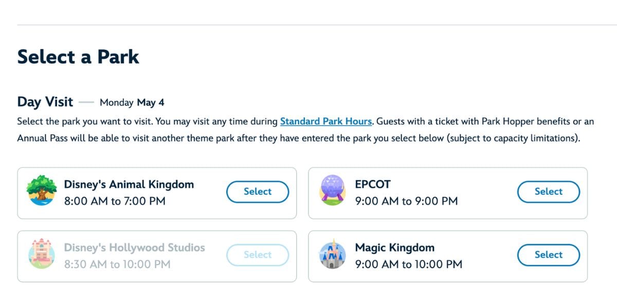 Park reservation form featuring Disney’s Animal Kingdom, EPCOT, and Magic Kingdom with each park’s operating hours displayed.