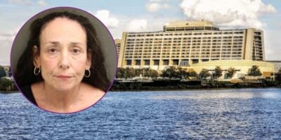 A mugshot of Leslie Helen Varley pictured alongside the exterior of Disney's Contemporary Resort