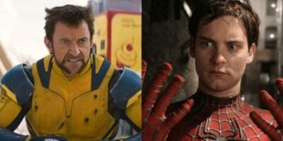 split image: on the left, Hugh Jackman as Wolverine in 'Deadpool & Wolverine.' on the right, Tobey Maguire as Spider-Man