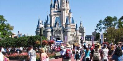 Crowds in front of Cinderella Castle at Magic Kingdom Park.