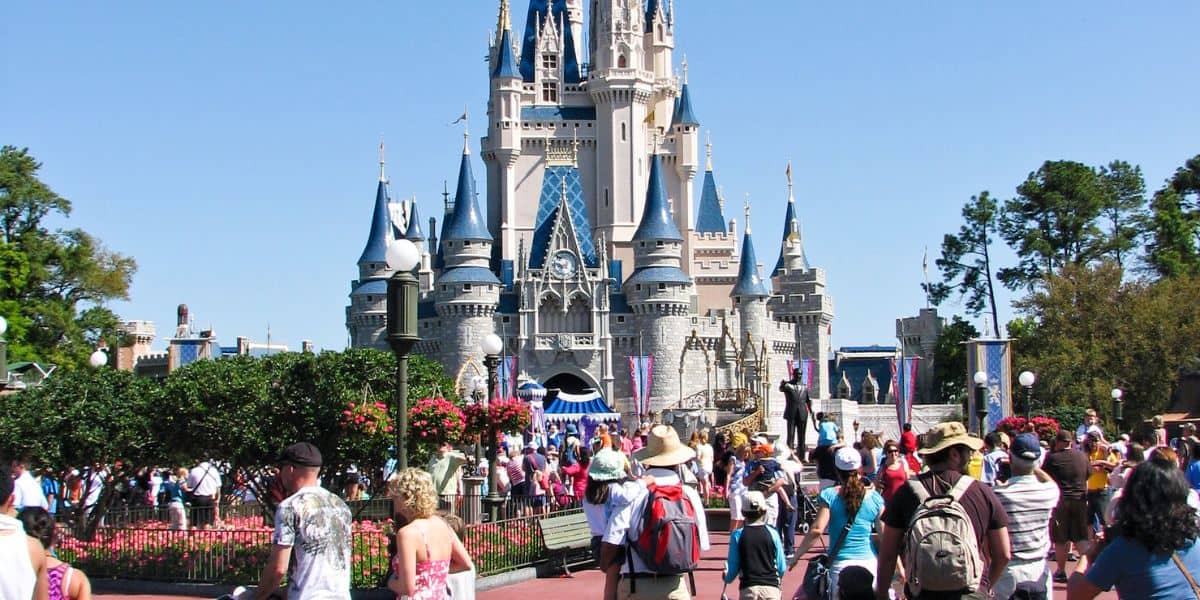 Crowds in front of Cinderella Castle at Magic Kingdom Park.