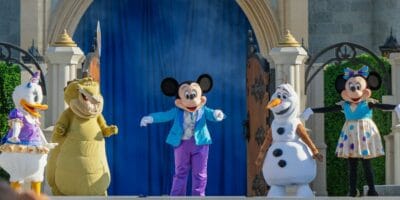 Characters onstage during Mickey's Magical Friendship Faire on the Cinderella Castle Stage at Magic Kingdom