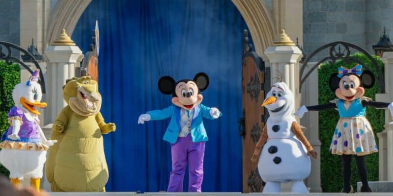 Characters onstage during Mickey's Magical Friendship Faire on the Cinderella Castle Stage at Magic Kingdom