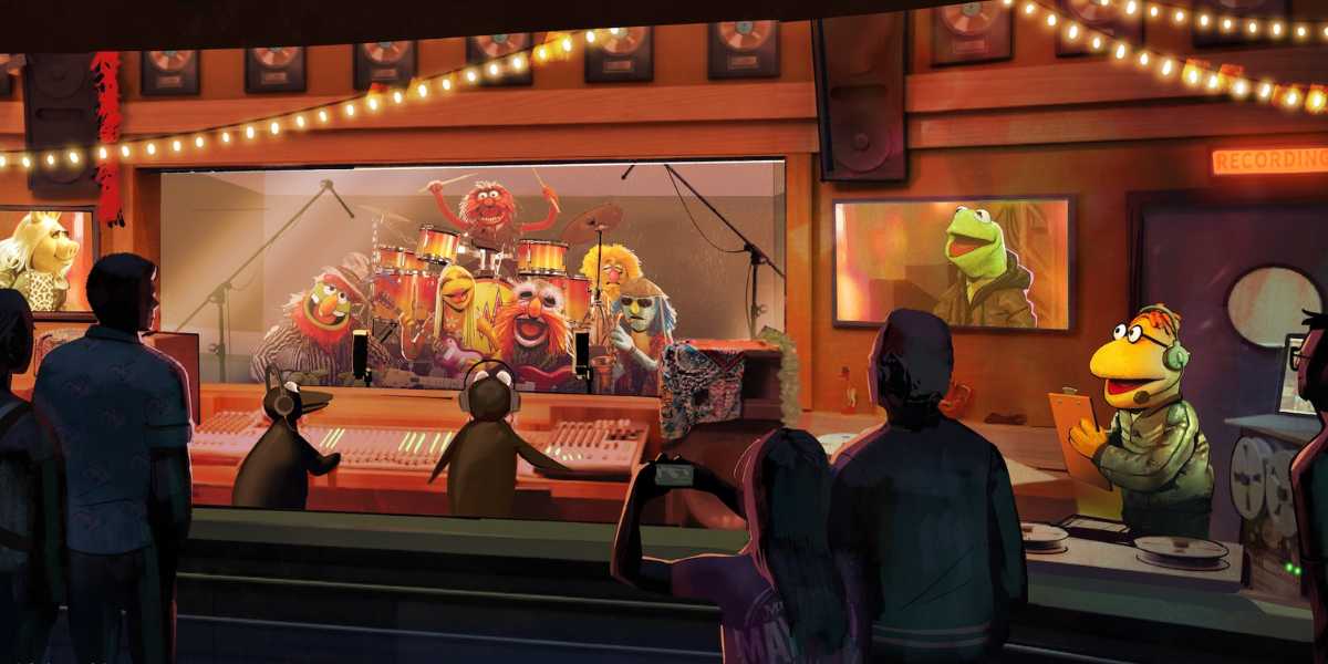 Concept art of the studio scene from Rock 'n' Roller Coaster Starring The Muppets