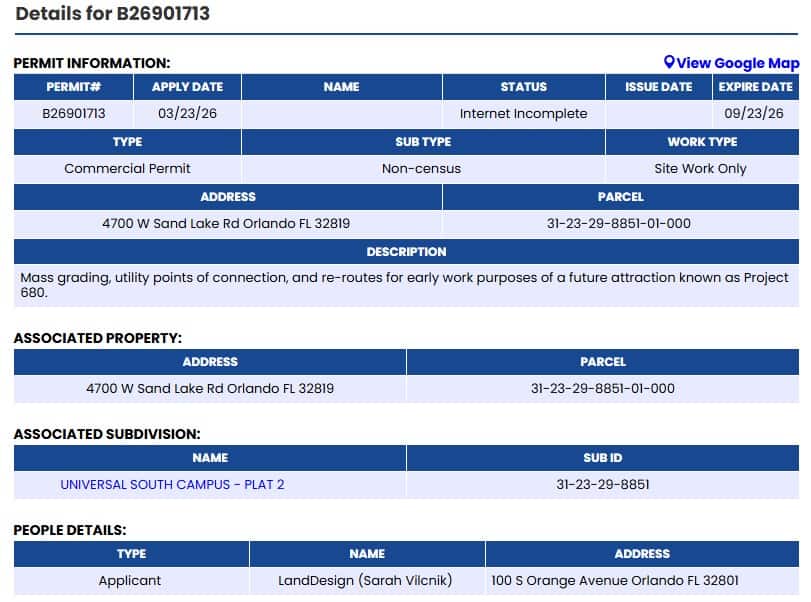 New permit for Universal Orlando Resort Epic Universe Dark Universe expansion project, which could be a new ride or experience.