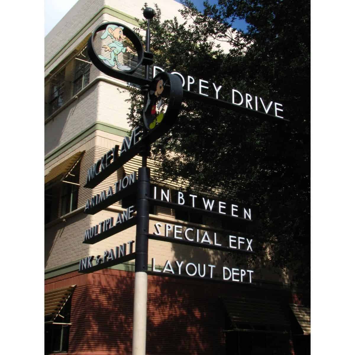 The Pluto's Corner street sign at Walt Disney Animation Studios in Burbank, California.