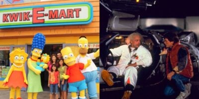 split image: on the left, simpsons characters stand in front of universal studios' kwik-e-mart. on the right, doc and marty mclfy with the delorean