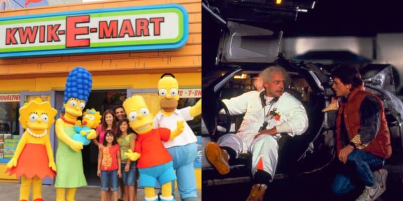 split image: on the left, simpsons characters stand in front of universal studios' kwik-e-mart. on the right, doc and marty mclfy with the delorean