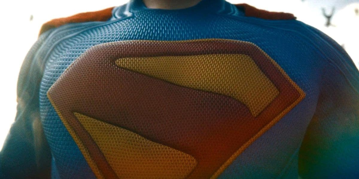 close up of superman's s symbol on chest in 'Superman' (2025) film