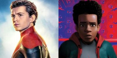 split image: on the left, Tom Holland as Spider-Man. on the right, miles morales from into the spider-verse