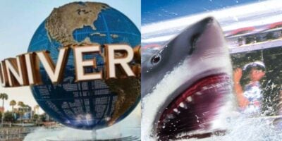split image: on the left, universal's spinning globe. on the right, jaws launches out of water during ride