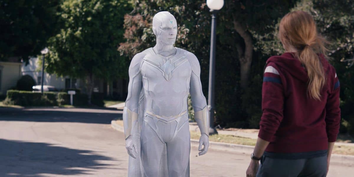 white vision and wanda (elizabeth olsen) in wandavision on disney+