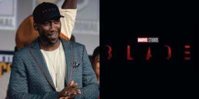 split image. on the left, Mahershala Ali at marvel comic con. on the right, blade reboot movie logo
