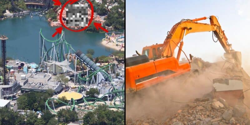 Bird's-eye view of Universal Studios next to thrilling scenes as an excavator tears down one of the park’s classic attractions. Lost Continent demolition Universal Orlando