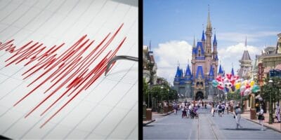 A split image of a seismograph recording and the lively atmosphere at Disney World, featuring Cinderella Castle and colorful balloons. Tokyo Disney Resort earthquake alert