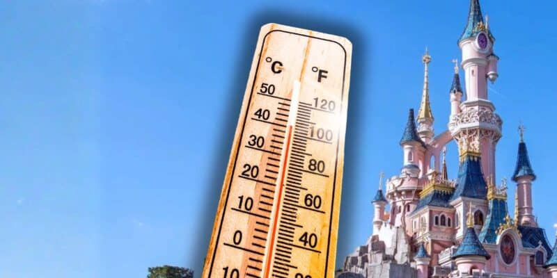 A thermometer reading high beside a Disney-like castle, blue sky above—magical theme park days call for extra sun protection! Disneyland Paris heat wavA thermometer reading high beside a Disney-like castle, blue sky above—magical theme park days call for extra sun protection! Disneyland Paris heat wave