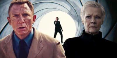 Split image: L - Daniel Craig in 'No Time to Die', Middle - the James Bond gun barrel intro, R - Judi Dench as M