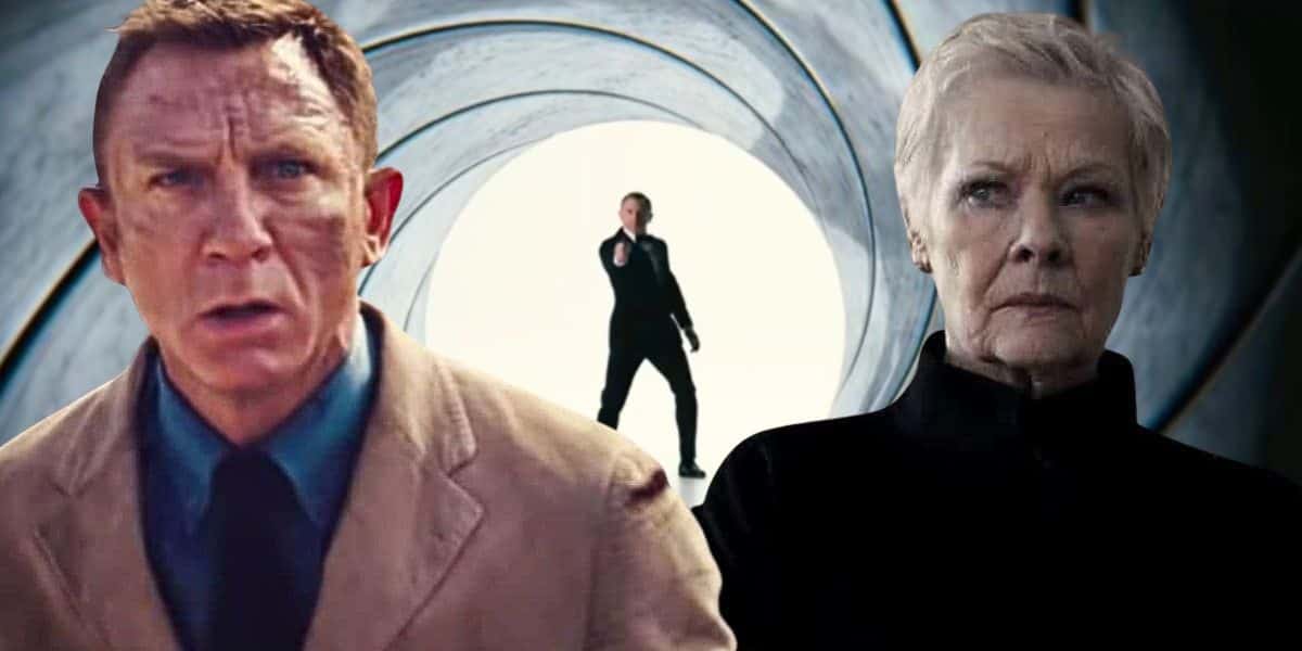 Split image: L - Daniel Craig in 'No Time to Die', Middle - the James Bond gun barrel intro, R - Judi Dench as M