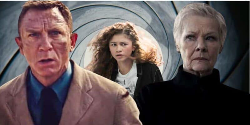 Mixed image: L - Daniel Craig in 'No Time to Die', R - Judi Dench as M. Background - Middle - the James Bond gun barrel intro, and Zendaya from 'Spider-Man: No Way Home'
