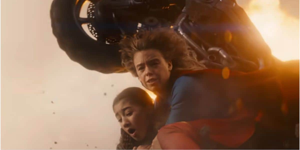 Supergirl (Milly Alcock) saving someone in the new 2026 film