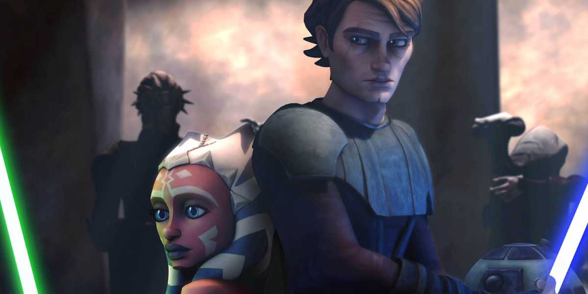 Ahsoka Tano (L) and Anakin Skywalker (R) back to back in 'The Clone Wars'