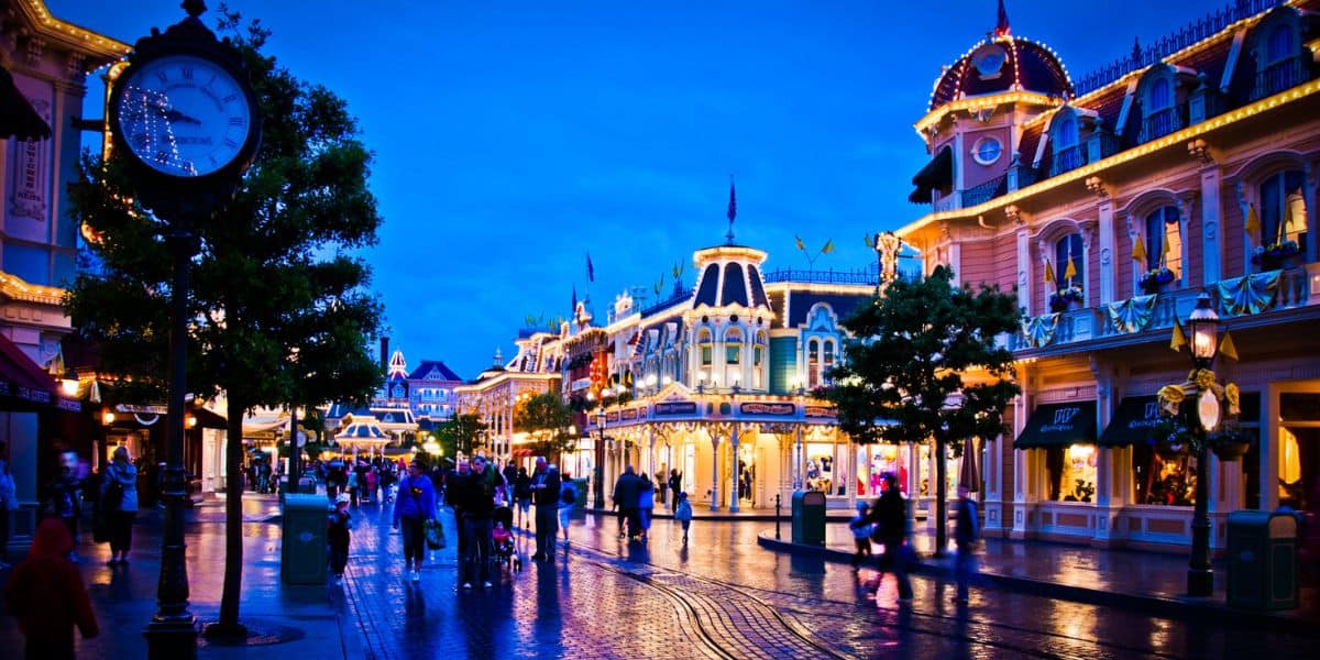 Main Street, USA, at Disneyland Paris at night