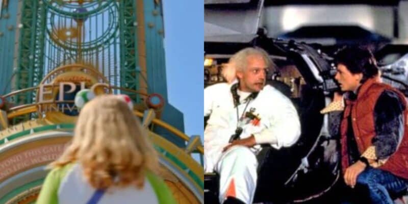 split image: on the left, epic universe's entrance. on the right, a scene from back to the future with marty and doc with delorean