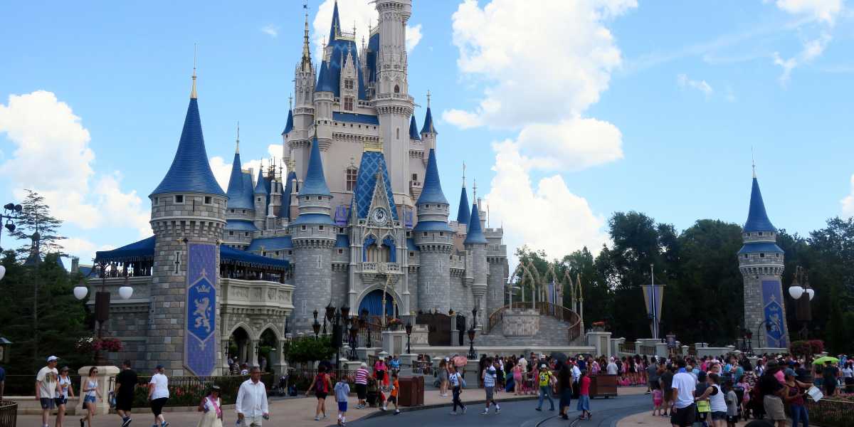 Cinderella Castle in Disney World with guests walking in front