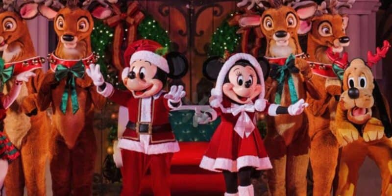 Mickey Mouse and Minnie in Christmas attire during Christmas Party at Disney World's Magic Kingdom
