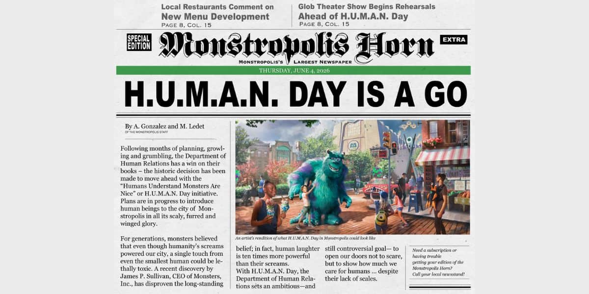 "H.U.M.A.N" Day newspaper for Disney World's Monstropolis annoucement
