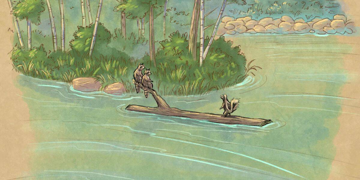 Concept art for the raccoons and skunk in the Rivers of the Far West