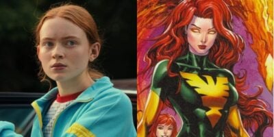 split image: on the left, Sadie Sink as Max in Stranger Things. on the right, Jean Grey from Marvel comic