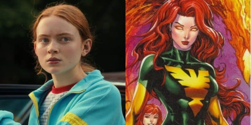 split image: on the left, Sadie Sink as Max in Stranger Things. on the right, Jean Grey from Marvel comic