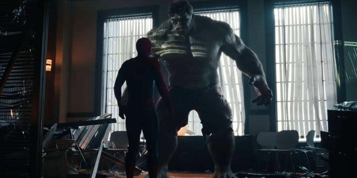 Spider-Man (Tom Holland) faces off with Incredible Hulk (Mark Ruffalo) in Spider-Man: Brand New Day